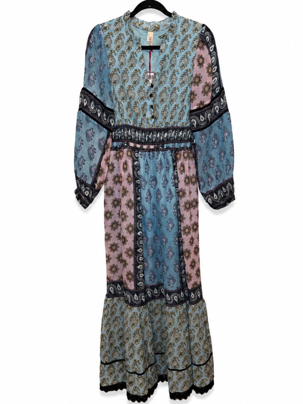 NEW RAGA Boho Patchwork Floral Paisley Cottagecore Blue Pink Maxi Dress Praire